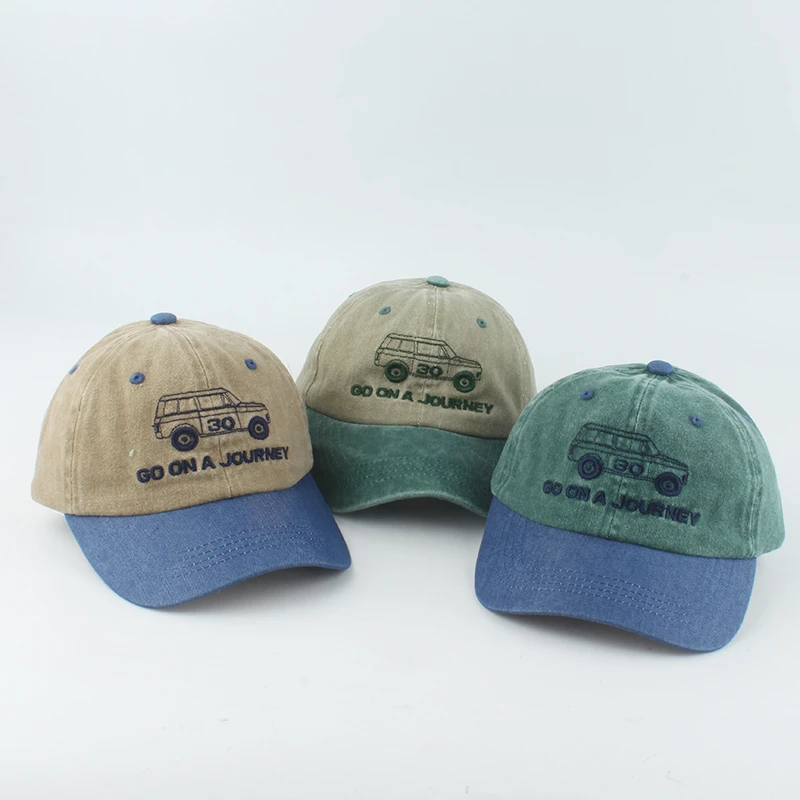 Summer Vintage Baseball Cap Kids Washed Cotton Denim Embroidered Car