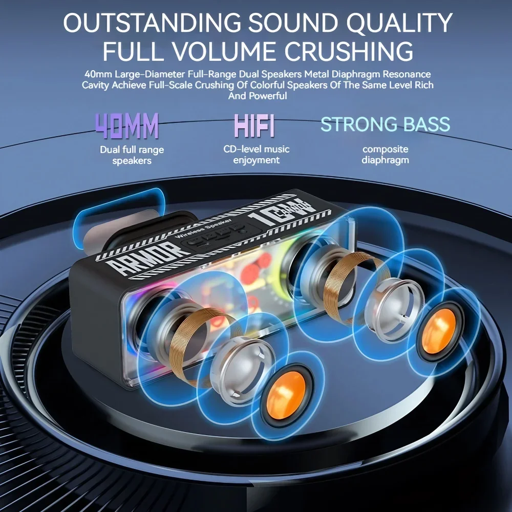 STONEGO 1PC LED TWS Bass Vibro-sound PUNK Style Dual Speakers Transparent Mechanical Wireless Bluetooth Speakers