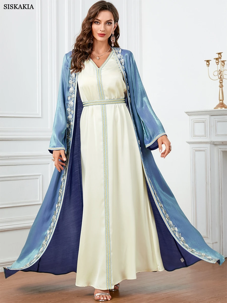 

Siskakia Ramadan Satin Caftan Marocain Femme 2 Piece Abaya Set For Muslim Women Chic Appliques Belted Robe Arabic Africano Mujer