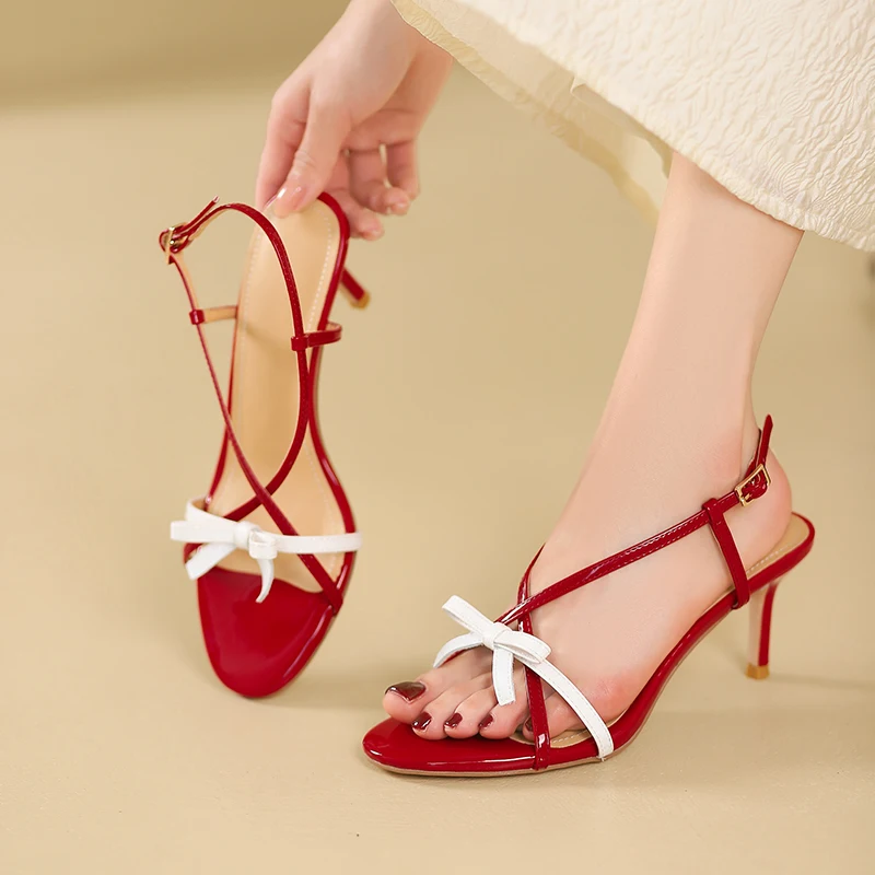 

Mixed Color Butterfly Knot Open Toe Cross Tie Women Sandals High Heels Buckle Strap Patent Leather Fashion Elegant Female Shoes