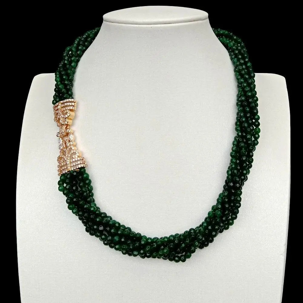 

4 Strands 4mm Faceted Round Green Jades Multi Strands Necklace Cubic Zirconia Pave clasp 19"