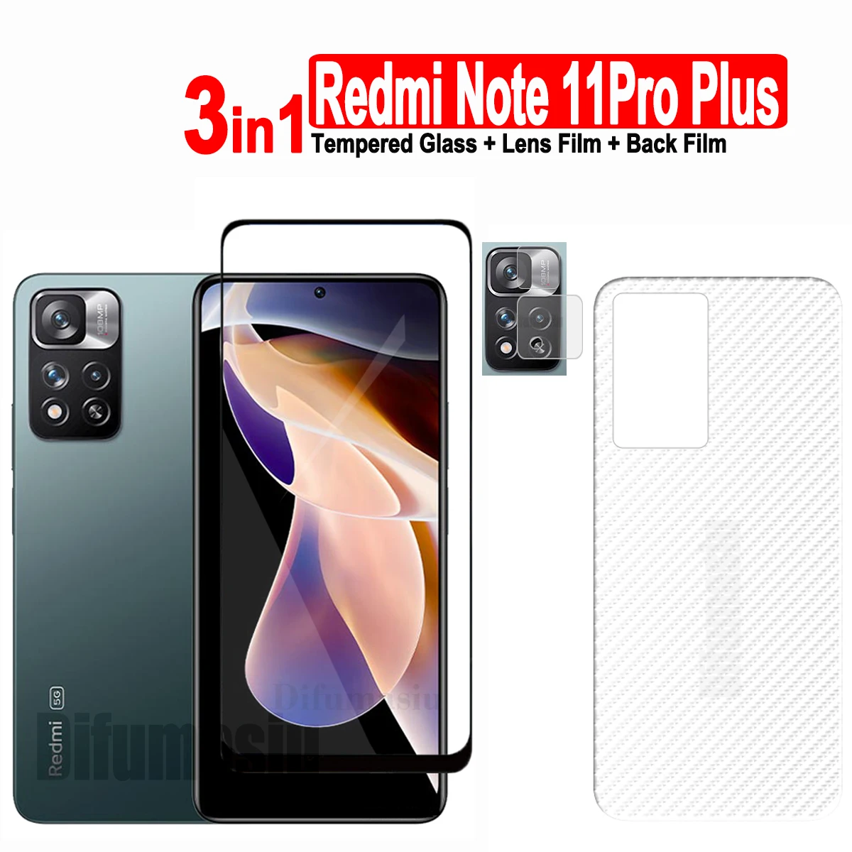 

For Xiaomi Redmi Note 11 Pro Plus 5G Tempered Glass Screen Protector + Camera Lens Film + Back Film -3 in 1