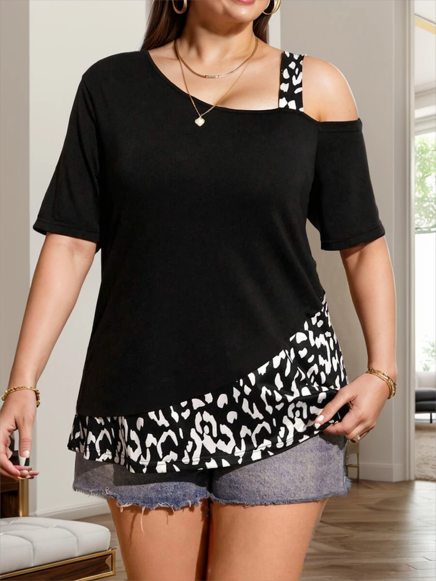 Plus Size Women's Printed Short Sleeve One Shoulder T-Shirt