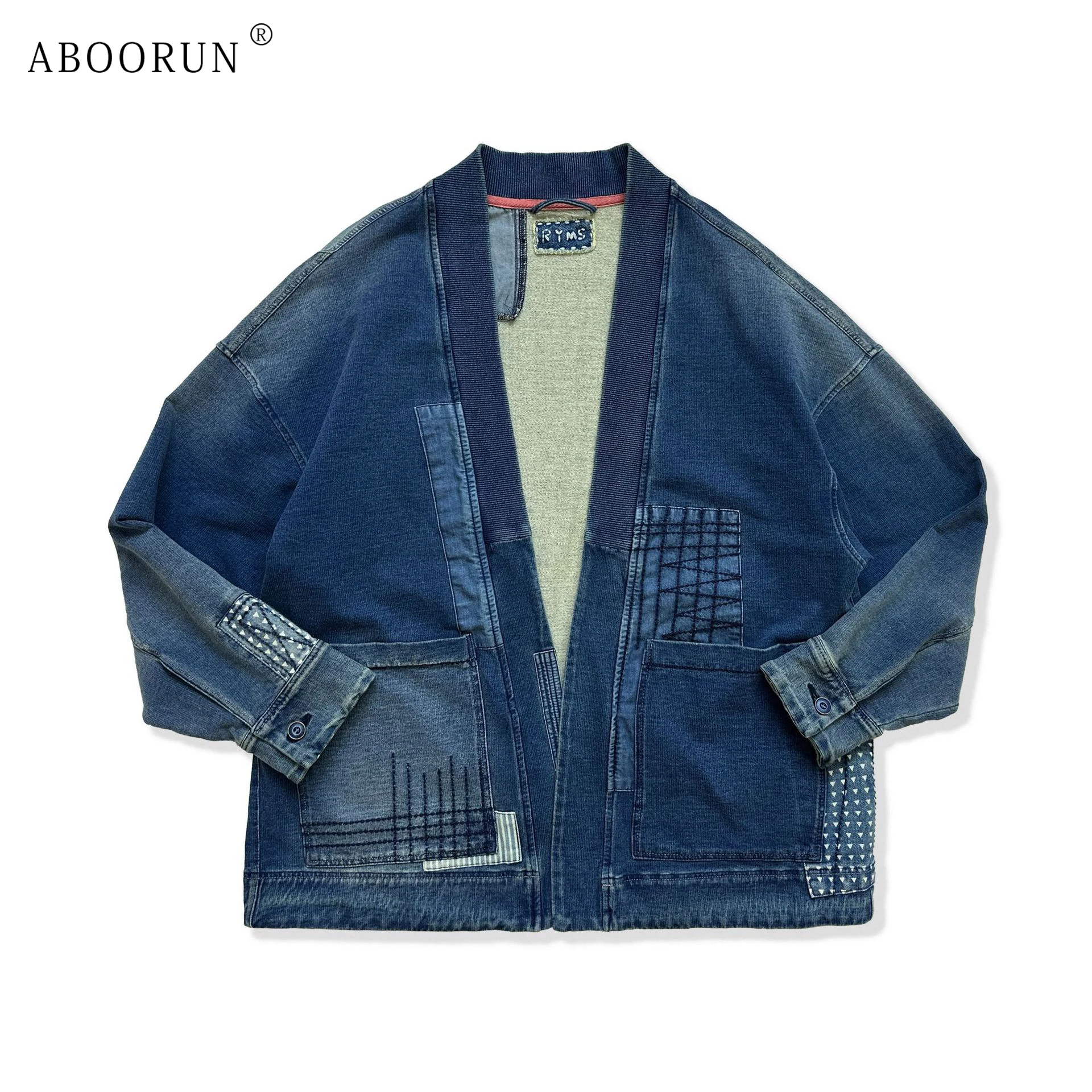 ABOORUN 남성용 레트로 데님 재킷, V넥 패치워크 가디건 코트, 스트리트웨어