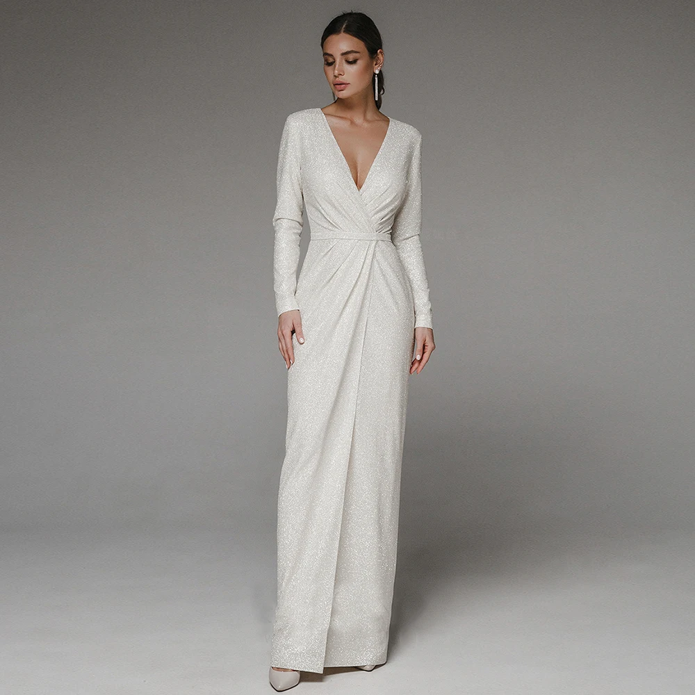 Customized Wedding Dresses New Arrivals V-Neck Simple Long Sleeves Sequin Bride Dress Side Split Mermaid Elegant Party Gowns 1