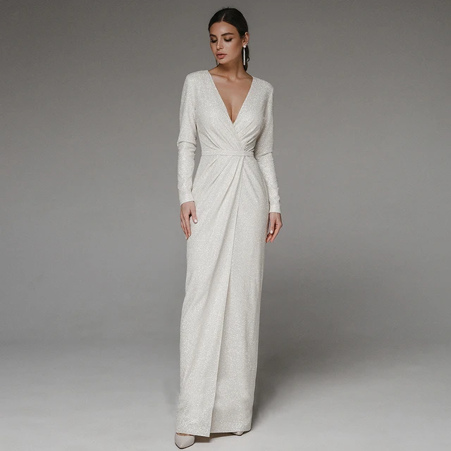 Customized Wedding Dresses New Arrivals V-Neck Simple Long Sleeves Sequin Bride Dress Side Split Mermaid Elegant Party Gowns 1