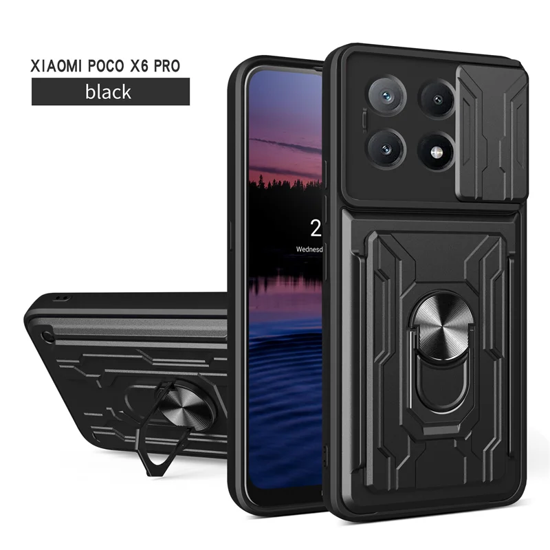 Slide Lens Protect Armor Phone Case with Card Slot & Bracket - Durable Back Cover