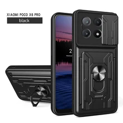 Slide Lens Protect Armor Phone Case with Card Slot & Bracket - Durable Back Cover for Poco X6 Pro (5G) (SL-Black)