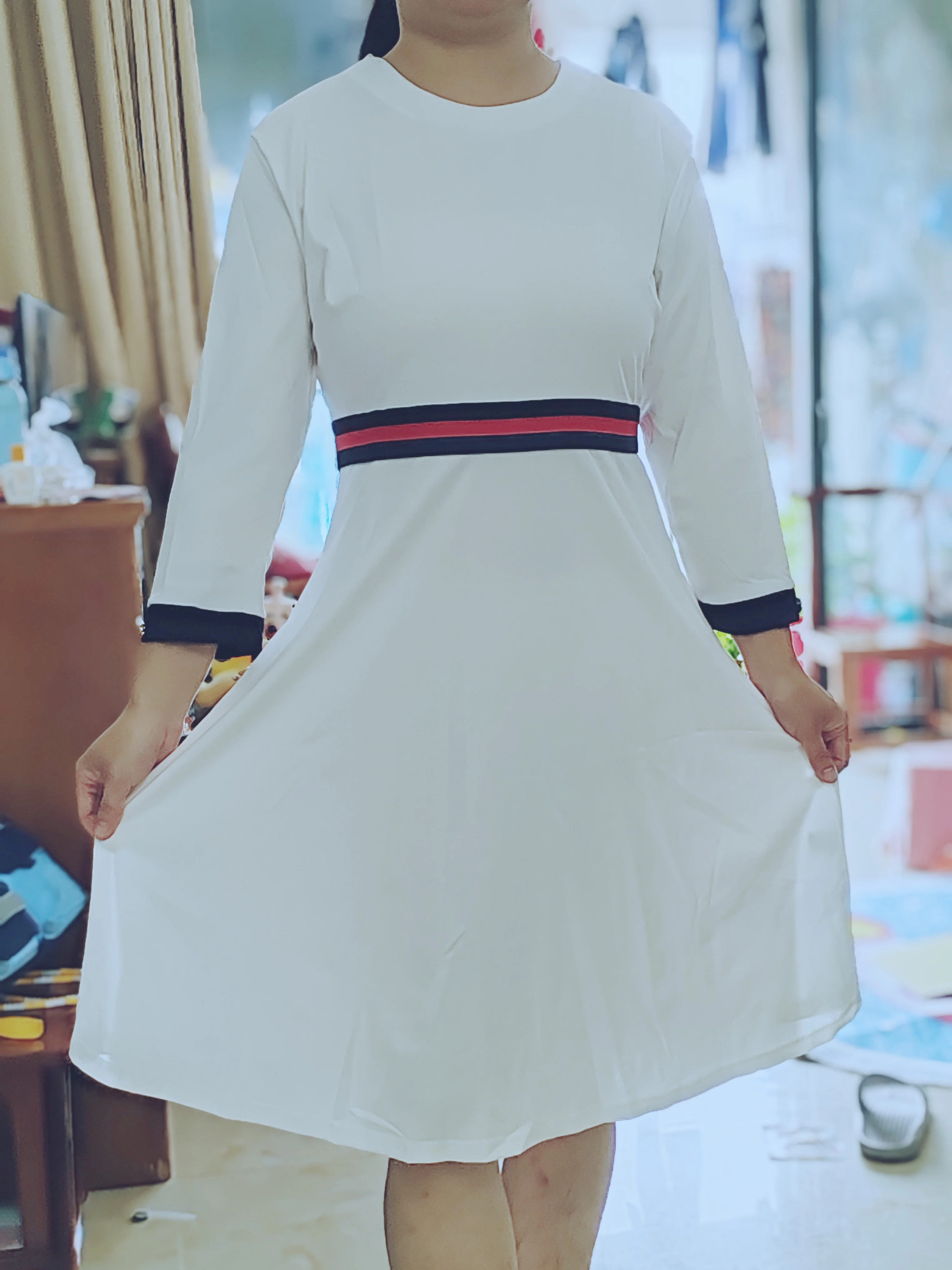 

2024 Slim Party Dress Women Short Sleeve O-neck Midi Dress Summer Vestidos Patchwork Striped Bodycon Dress