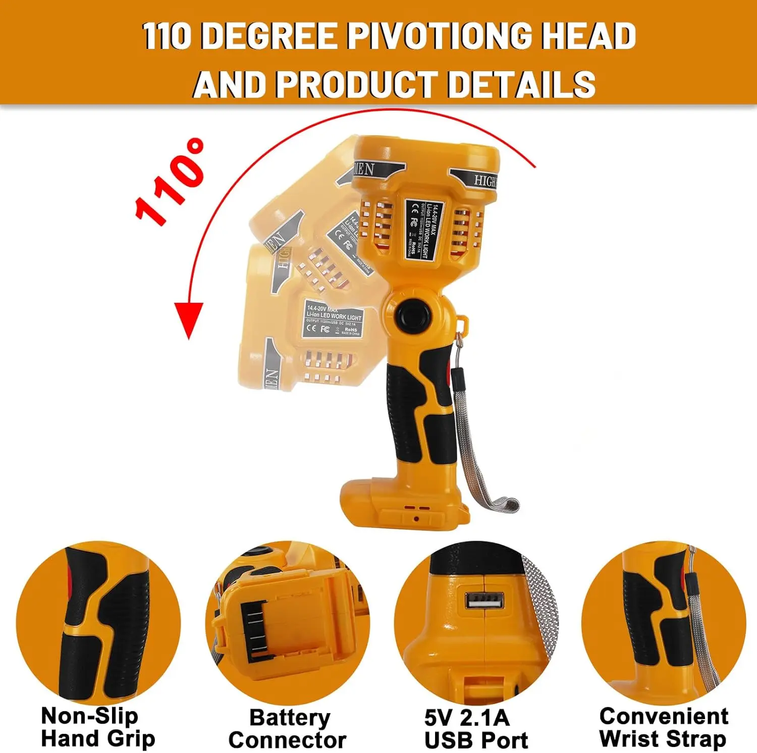 Flashlight for Dewalt 20v Battery 12W 1120LM LED Work Light Portable Spotlight w