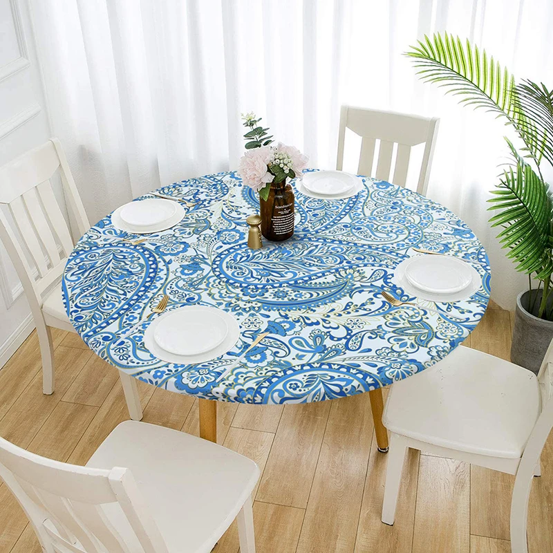 

Waterproof Round Tablecloth Coffee Table Cover Christmas Elastic Band Oil-proof Dining Table Cloth For Wedding Decoration