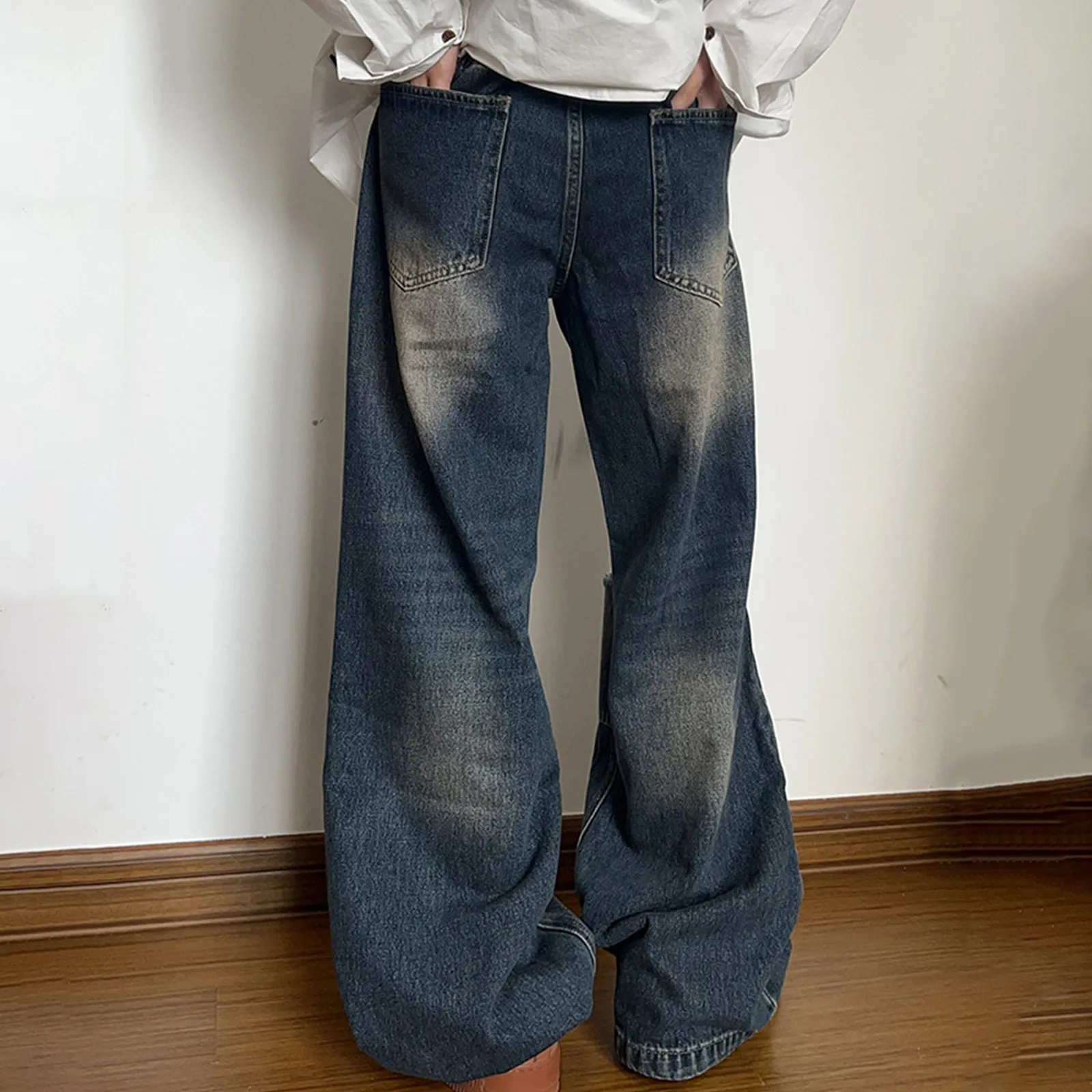 

Dark Blue Women's Jeans High Waist Vintage Straight Baggy Denim Pants Streetwear Broken Style Fashion Wide Leg Denim Trouser