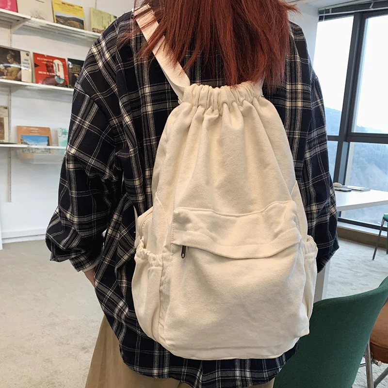 HOCODO Canvas Drawstring College Backpack Fashion Anti-Theft Backpack Solid Color Student Backpack Unisex Vintage Backpack Women 