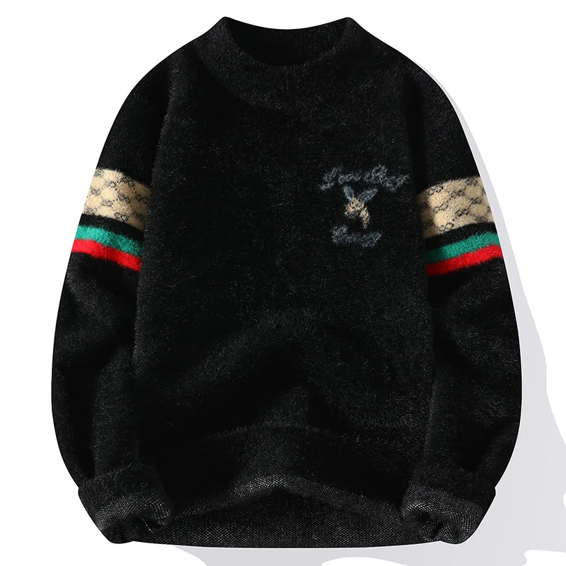2023 New Men's Autumn and Winter Insert Sweater Round Neck Knitted Printed Loose Fashion Commuter Versatile Long Sleeved Tops