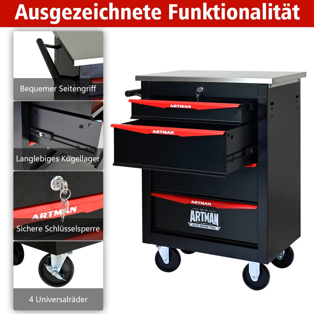 Multifunktionaler Werkzeugwagen mit 4 Schubladen und Rädern, Metallrollen-Werkzeugwagen, Aufbewahrung für Garage, Werkstatt, Lager, Reparaturwerkstatt – Detail 24