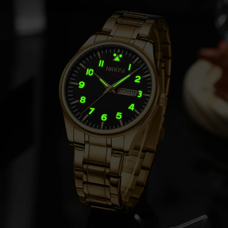 NIBOSI Luxury Gold Watch Men Fashion Luminous Waterproof Stainless Steel Quartz Male Wristwatch Date Week Relogio Masculino