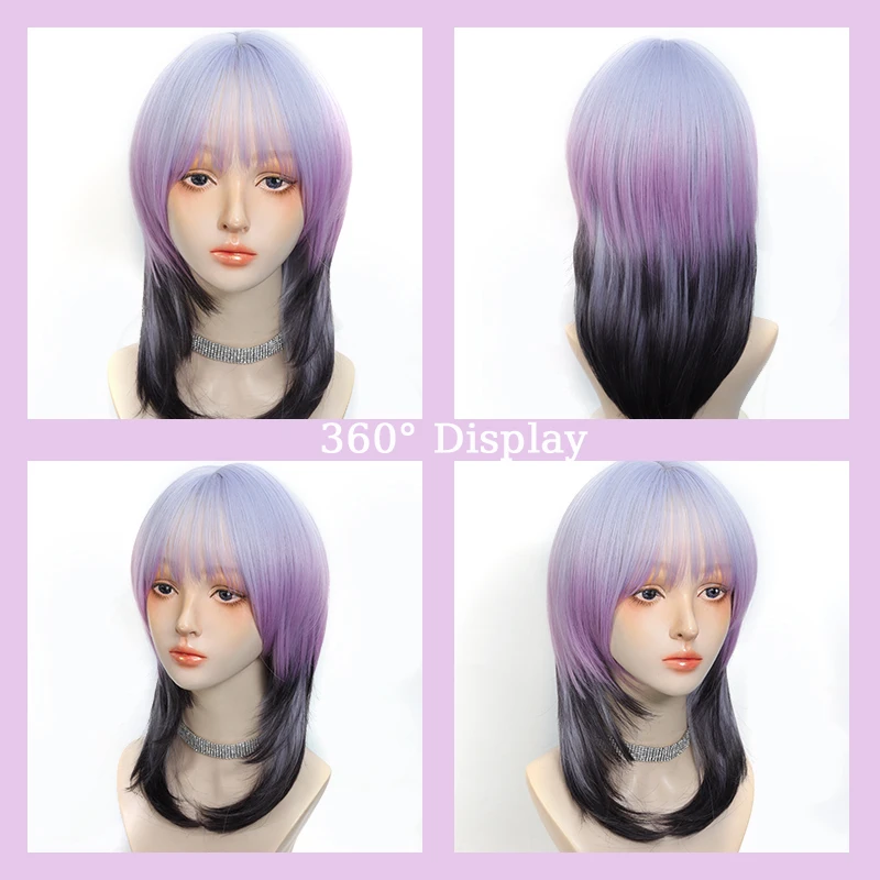 20inch Purple Wig Women Wigs Hair Extensions Purple Gradient Layered Wolf Cut Wig with Hair Bangs for Women Christmas Party Use