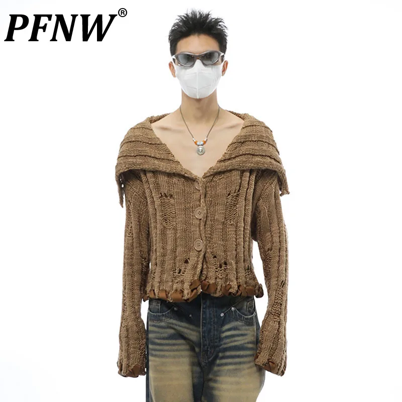 

PFNW Satin Patchwork Lapel Men's Sweater Vintage Knitted Cardigan High Street Worn Out Male Autumn Winter Trendy Tops 28W1059