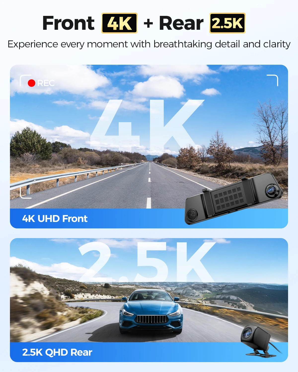 AZDOME PG17 MAX 4K+2.5K 전후방 블랙박스 12인치 터치스크린 차량용 DVR 후방 카메라 ADAS GPS WIFI 음성 제어