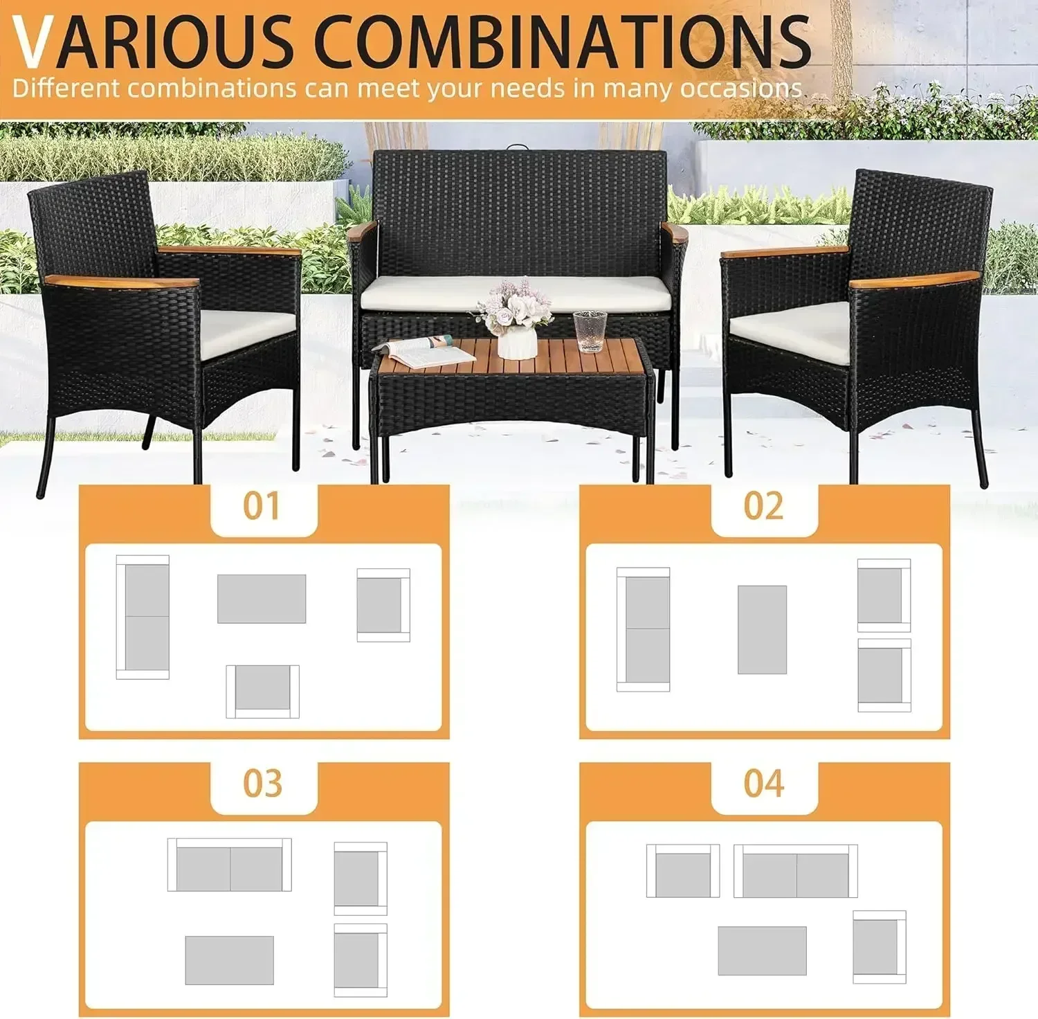 NEW-4-Piece Patio Furniture Set, Outdoor Wicker Patio Conversation Furniture Set  Paito Lawn Backyard, White Cushion