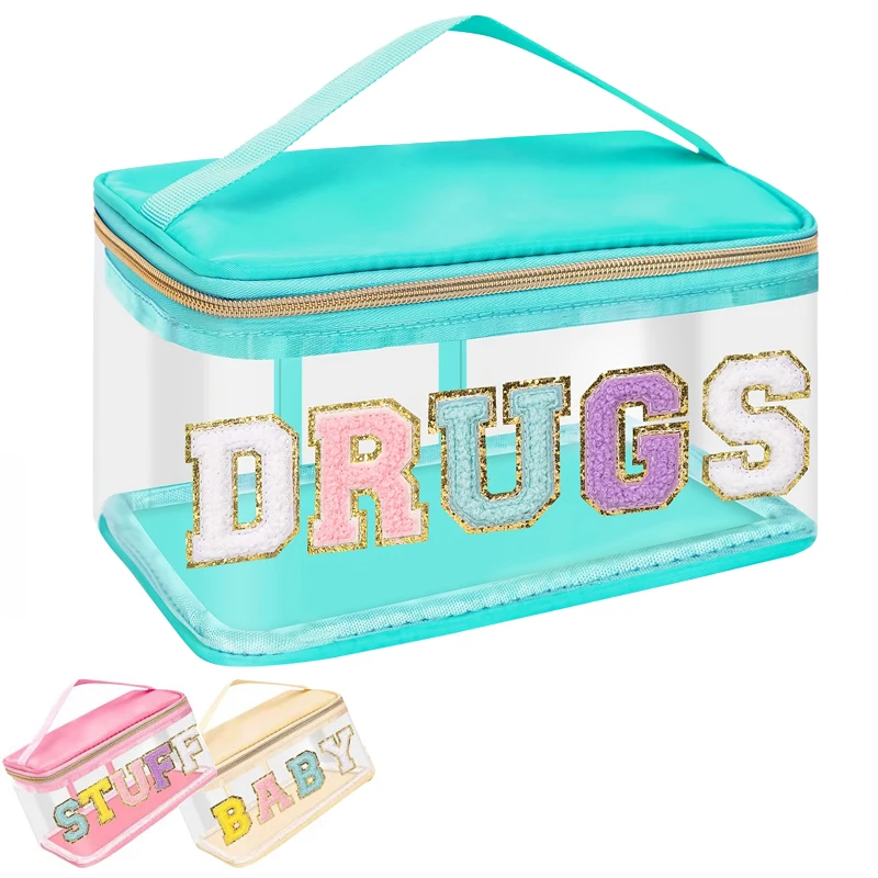 

Letter Patches Cosmetic Bag Transparent Women Make Up Case PVC Makeup Pouch Toiletry Beauty Embroidery Organizer for Travel