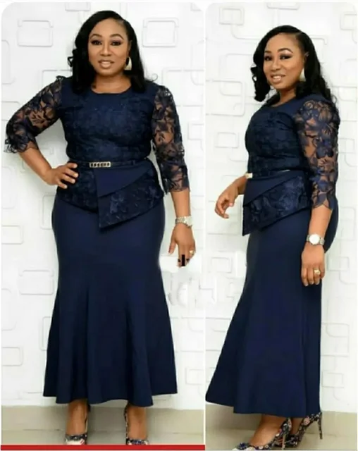 Women O Neck 3/4 Sleeve Long Maxi Dress Fashion Lace Dress 3