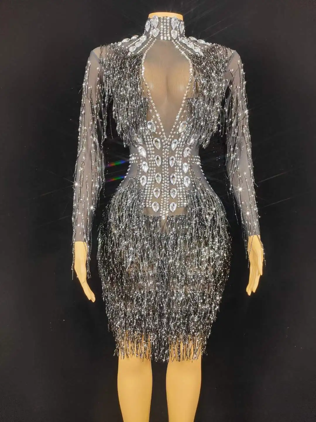 

Birthday Queen Dress For Women Long Sleeve Rhinestone Fringe Mesh See Through Singer Stage Wear With Crystal