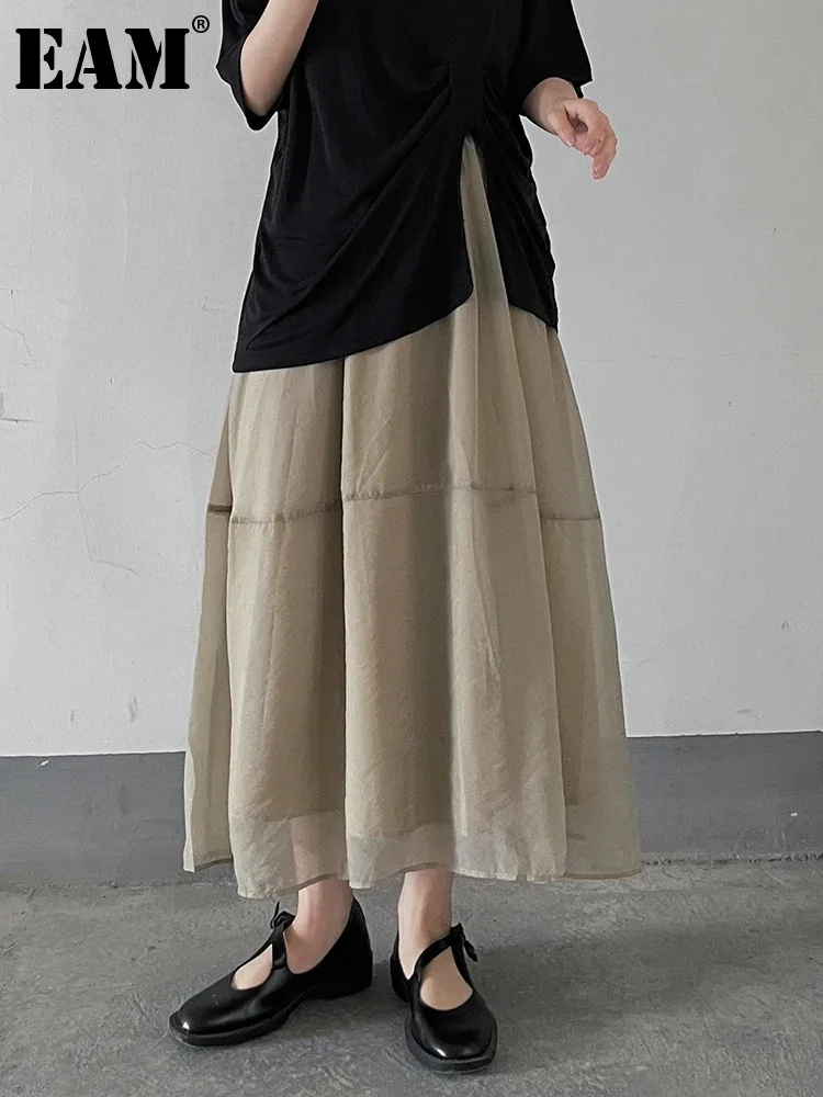 

[EAM] High Elastic Waist Khaki Mesh Vintage Spliced A-line Half-body Skirt Women Fashion Tide New Spring Autumn 2024 1DF5904