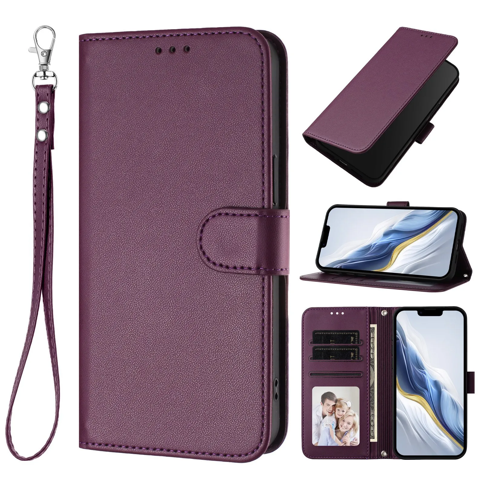 Elegant Lanyard Leather Flip Wallet Case with Wristlet and Card Slots