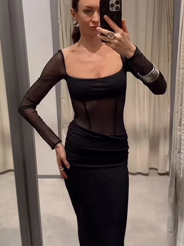 Women's Sexy Sheer Mesh Maxi Dress Chic Spliced Long Sleeve Bodycon Square Collar Dress Ladies  Party Club Pullover Dress New