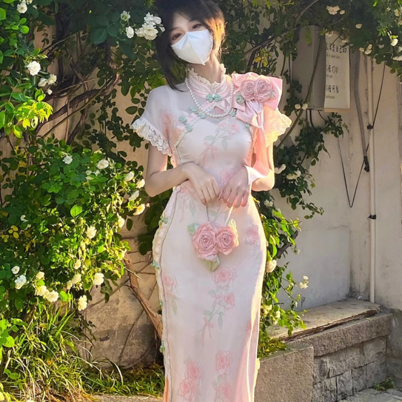 

Chinese Traditional Clothing Qipao Chi-pao 3D Rose Modified Cheongsam Dress Elegant Kawaii Sweet Summer 2023 Waist Slim Dress