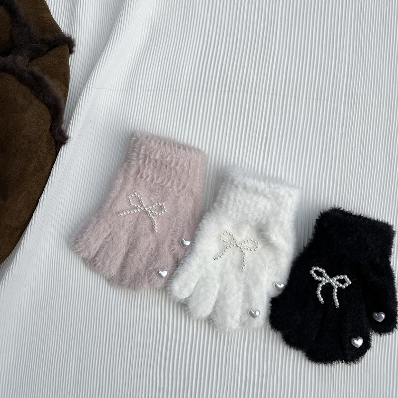 3-8Years Children's Gloves Autumn Winter New Windproof Warm Knitted Plush Cartoon Pearl Bow Girls' Love Gloves