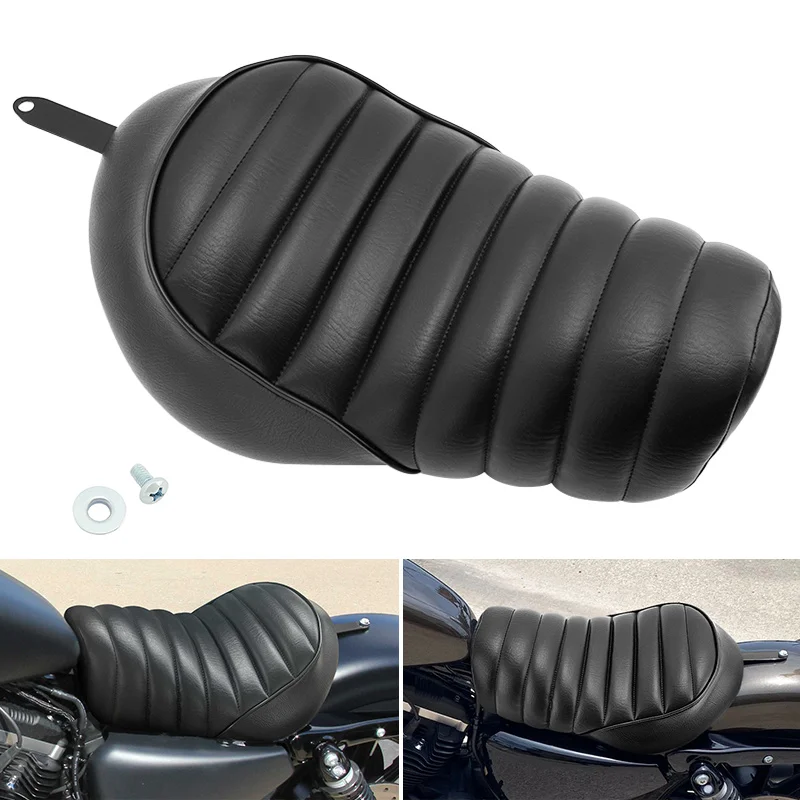 Front Solo Seat + Rear Passenger Pad For Harley Sportster Bobber – Black/Brown 9 thumbnail image