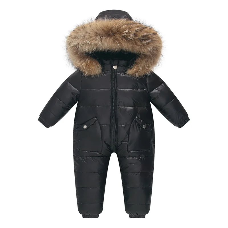 

2023 Winter Kids Jumpsuit Hooded Real Raccoon Fur Children Girl Winter Overalls 1-5 Year Infant Baby Boy Romper Snowsuit