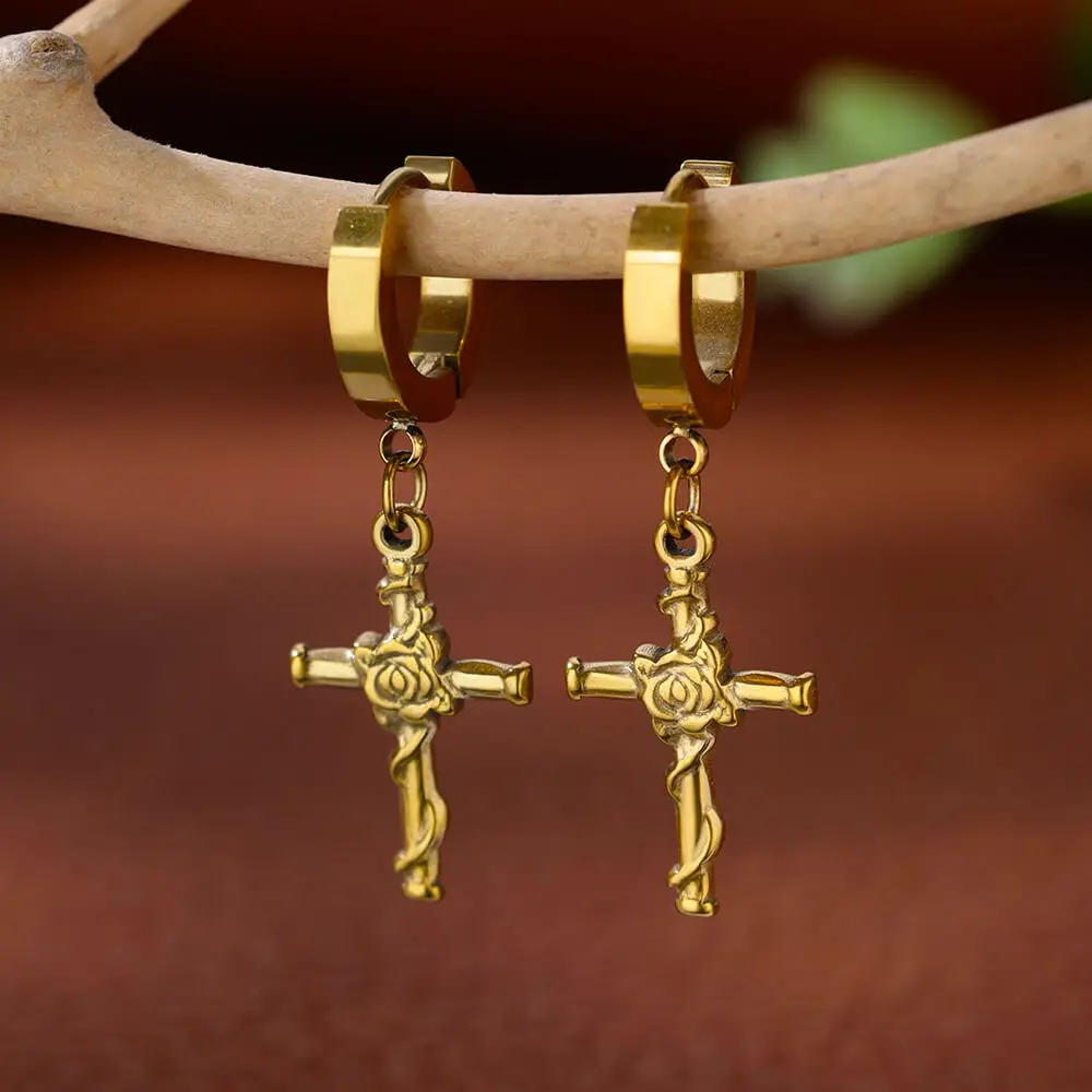 Cross Dangle Earrings for Women Girls Gold Color Stainless Steel Wedding Jewelry