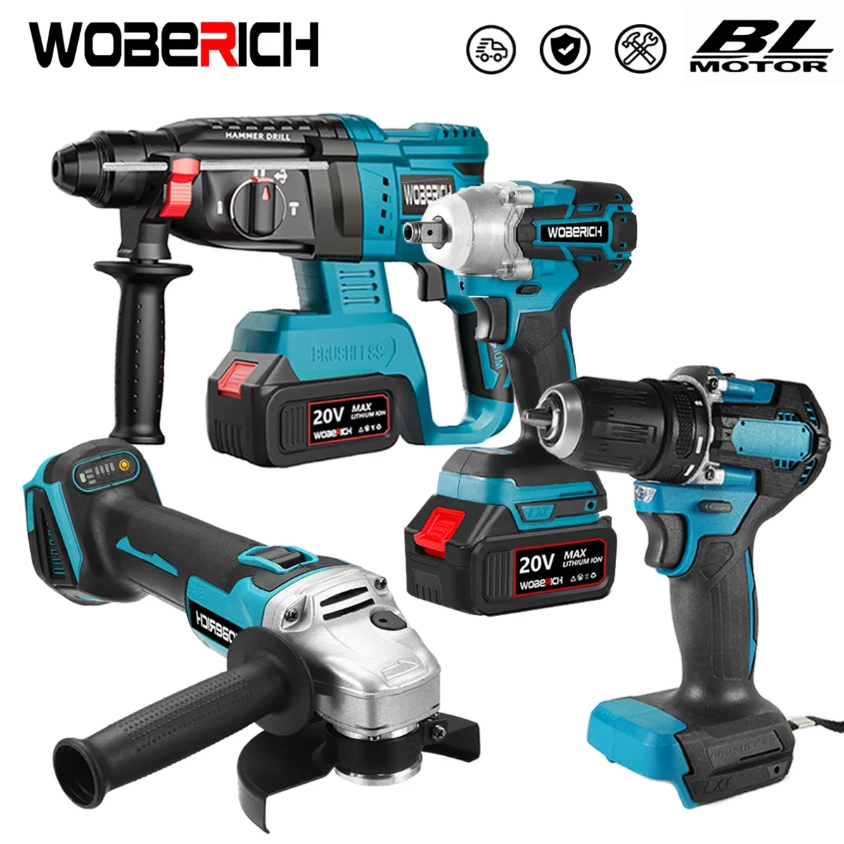 WOBERICH brushless electric drill impact wrench angle grinder electric hammer drill combo kit power tool sets 2x battery Makita