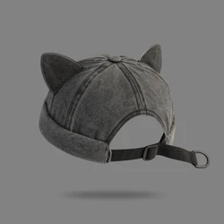 Chic Cat Ears Brimless Cotton Beanie - Unisex Casual Style (Black)