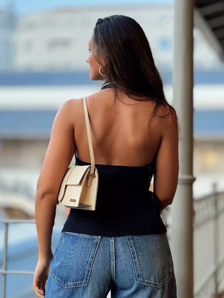 TFMLN Women's Bow Lace Up Tops 2025 Summer Street Style Backless Sexy Tank Navy Blue Sleeveless Fashion Vests Top