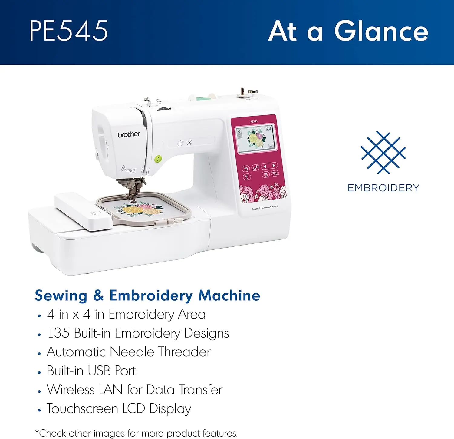 PE545 Embroidery Machine, Wireless LAN Connected 135 Built-in Designs, 4" x 4" Hoop Area Large 3.7" LCD Touchscreen USB Port 10