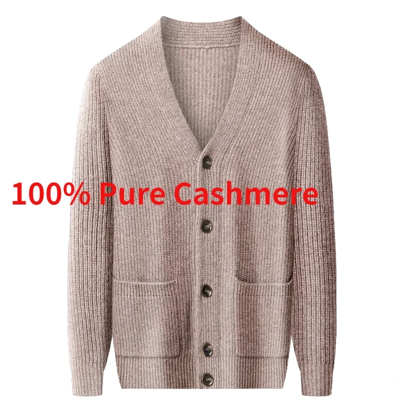 

New Arrival Autumn Winter Men's 100% Pure Cashmere V-neck Cardigan Men's Knitting Sweater Business Thickened Coat Size XS-5XL