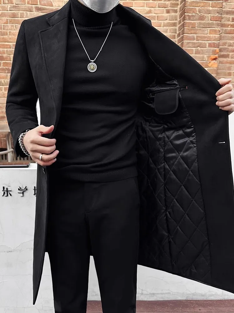 Winter Men Business Casual Slim Fit Padded Long Coat Warm Windbreakers Overcoat Single Breasted Fashion Office Mens Suede Trench