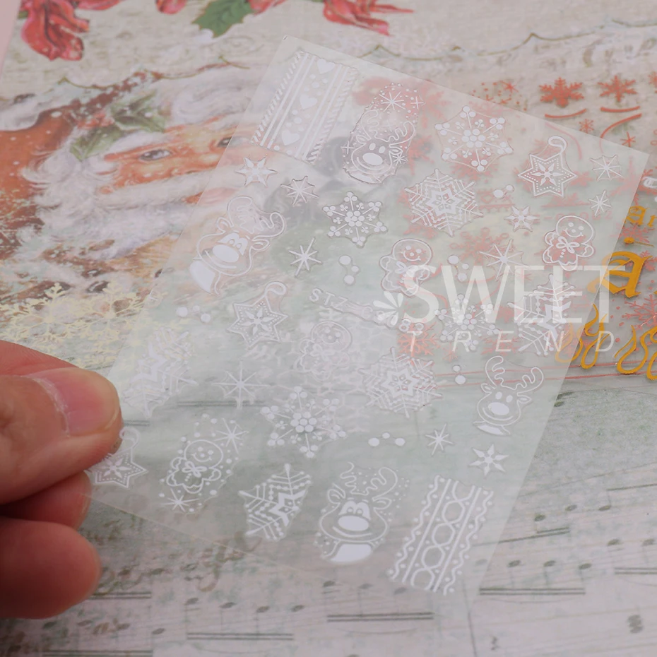 2pcs 3D White/Rose Gold Christmas Nail Sticker New Year Snowflake Decal Holographic Elk Gingerbread Man Slider Manicure Decor