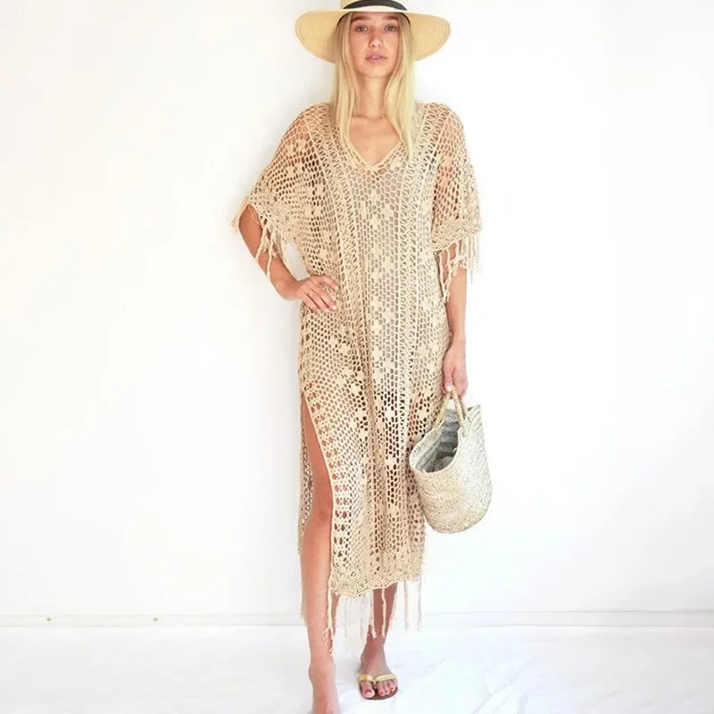 Beach Outfits for Women Cover Up Exit Trend 2024 Summer New Dress Solid Color Sexy Knit Hollow Bikini Sun Protective Polyester