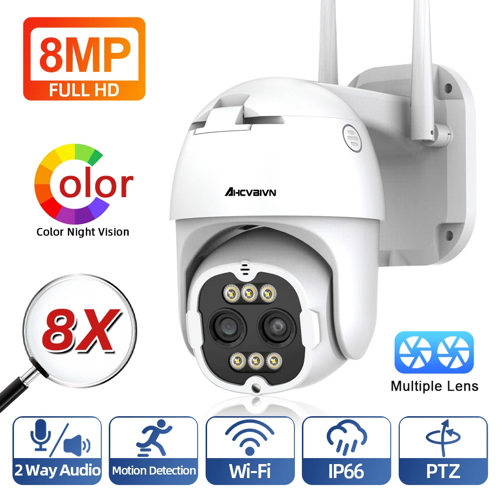 8mp 4k Dual Lens Wifi Ptz Camera Outdoor Color Night Vision Cctv Ip Cam