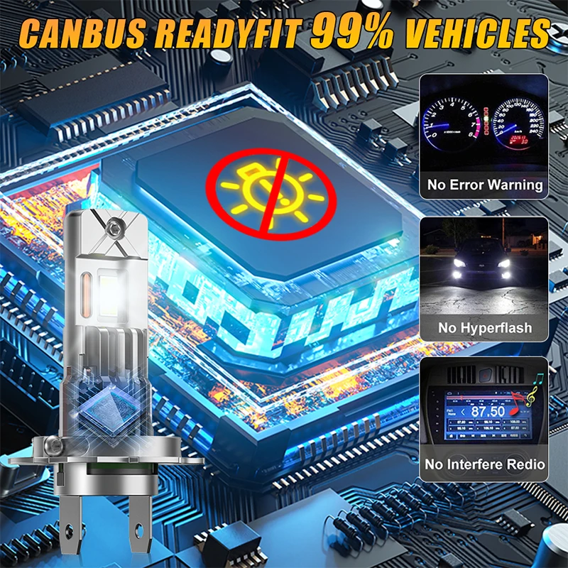 2개입 H7 H4 LED 헤드라이트 전구 6000W 초강력 6300000LM 슈퍼 화이트 6500K 12V 캔버스 H7 자동차 램프 에러 프리 터보 라이트 24V