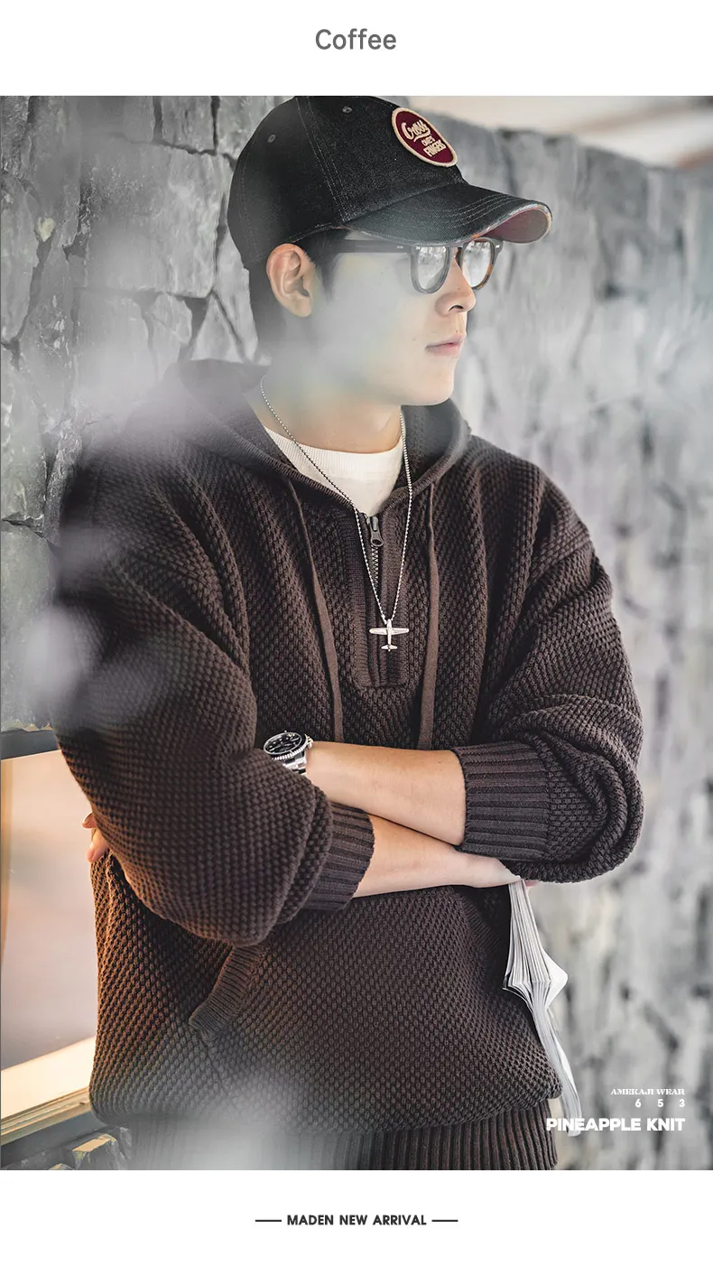 Maden Casual Knit Sweater Half-zip Basics Hoodies for Men Autumn Winter Fashion Brand Pullovers Warm Hooded Sweatshirt Tops