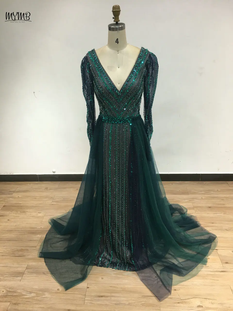 MYMB Elegantes Meerjungfrau-Abendkleid mit langen Ärmeln für Hochzeit, Party, arabisches Luxus-Perlen-V-Ausschnitt-Kleid für die Brautmutter USMA002B – Detail 10