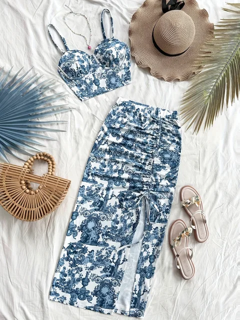 Summer Tops Women's Dress 2 piece suit swimsuit seaside vacation printed suspender Backless Slim top side slit skirt Party Dress