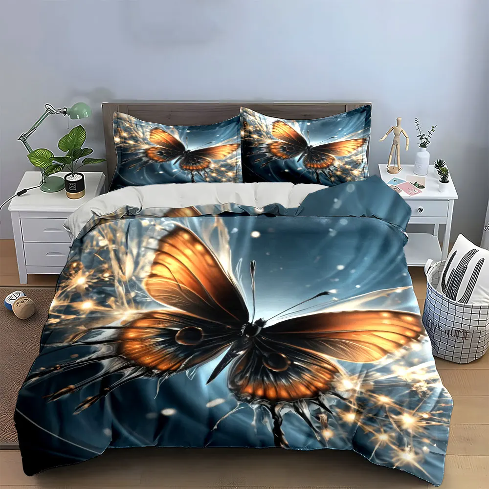 Luxury Metallic Golden Butterfly Bedding Set,Glowing Blue Light Fantasy Butterfly Print Duvet Cover,1 Duvet Cover+2 Pillowcases 3