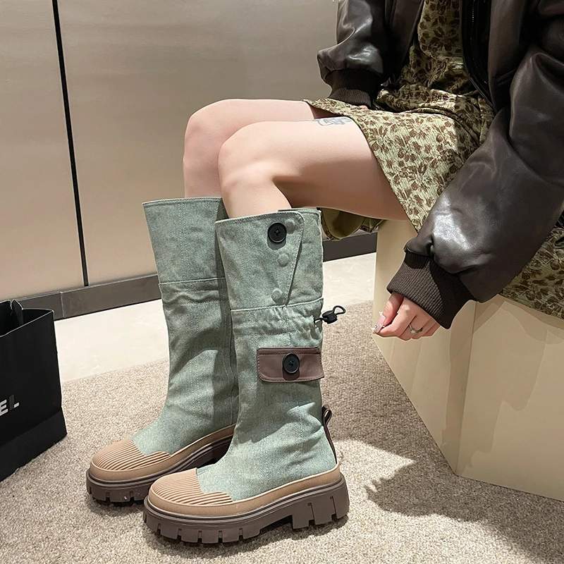 

New Autumn Style Suede Medium Chunky Heel Knight Boots Round Toe Women's High Tube Thinner-looked High Heel Long Boots